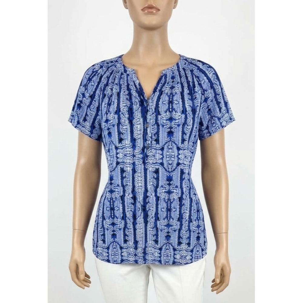 Dana Buchman XL Peasant Blouse Blue White Ikat Medallion Smocked Split Neck Top